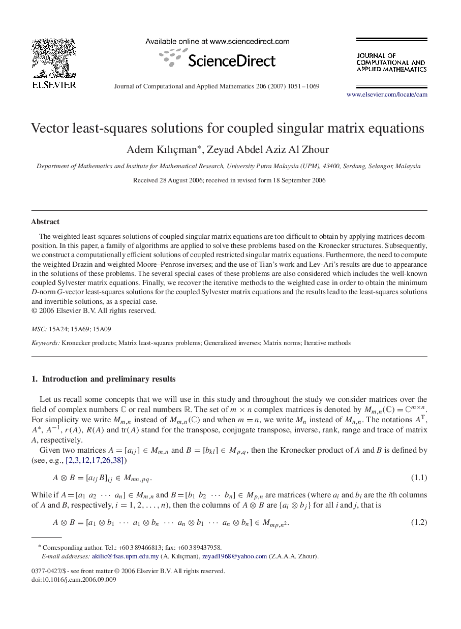 Vector least-squares solutions for coupled singular matrix equations