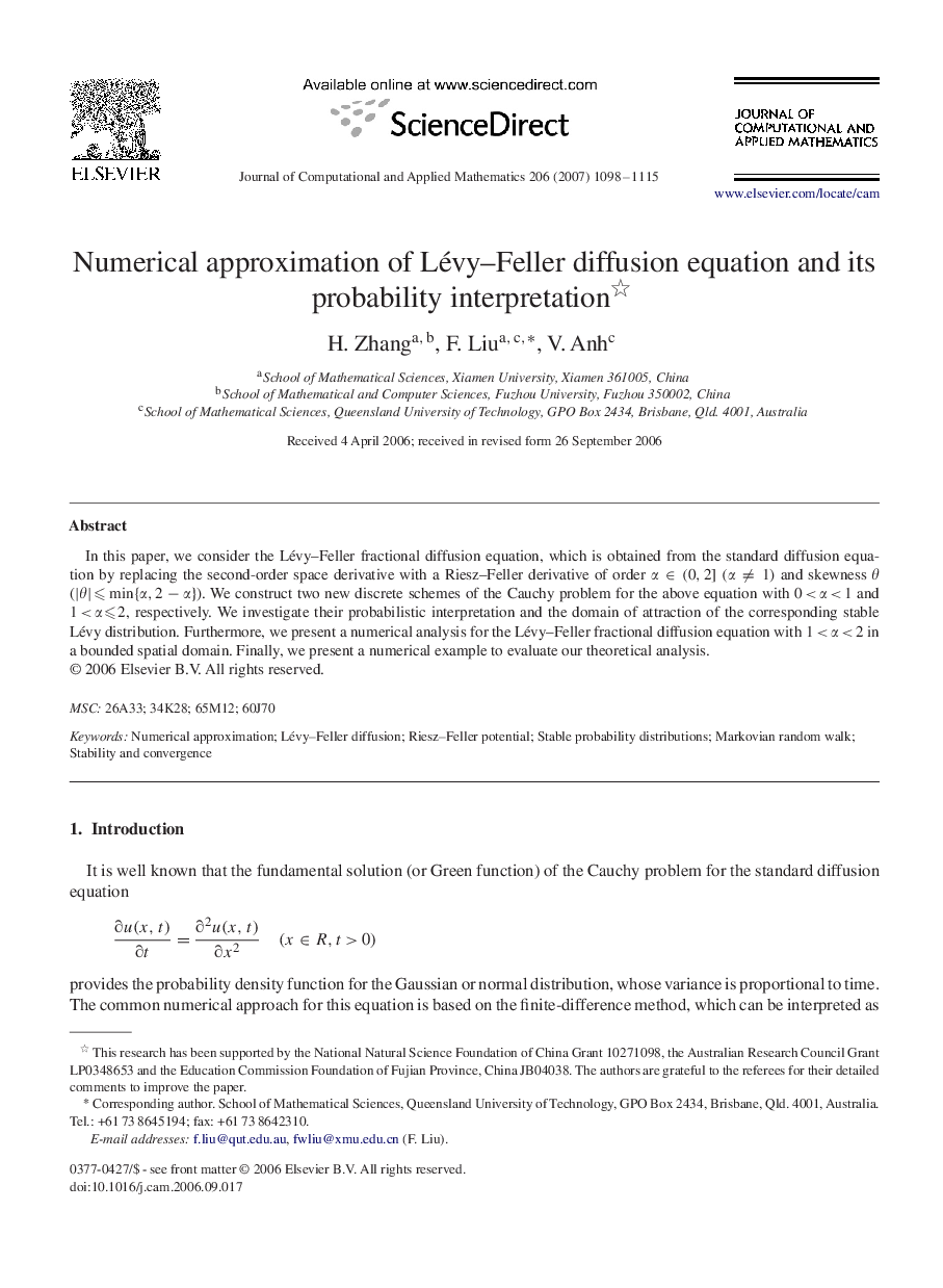 Numerical approximation of Lévy–Feller diffusion equation and its probability interpretation 