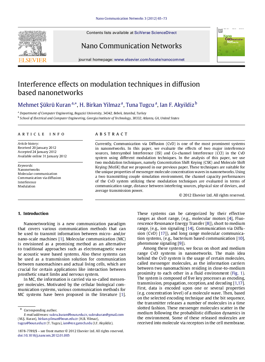 Interference effects on modulation techniques in diffusion based nanonetworks