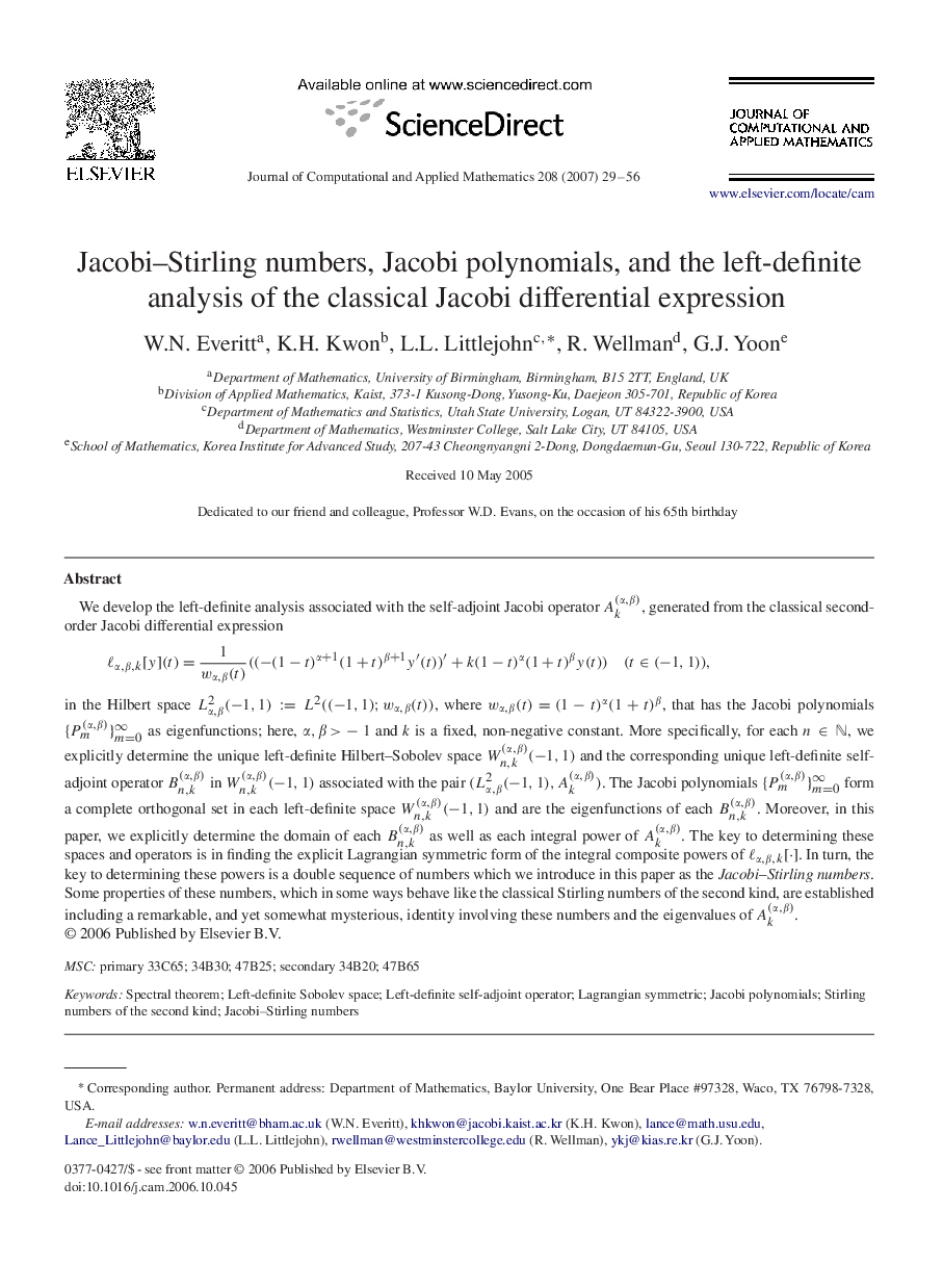 Jacobi–Stirling numbers, Jacobi polynomials, and the left-definite analysis of the classical Jacobi differential expression