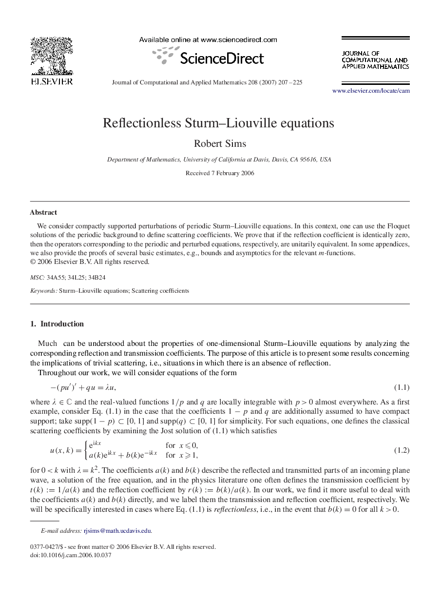 Reflectionless Sturm–Liouville equations