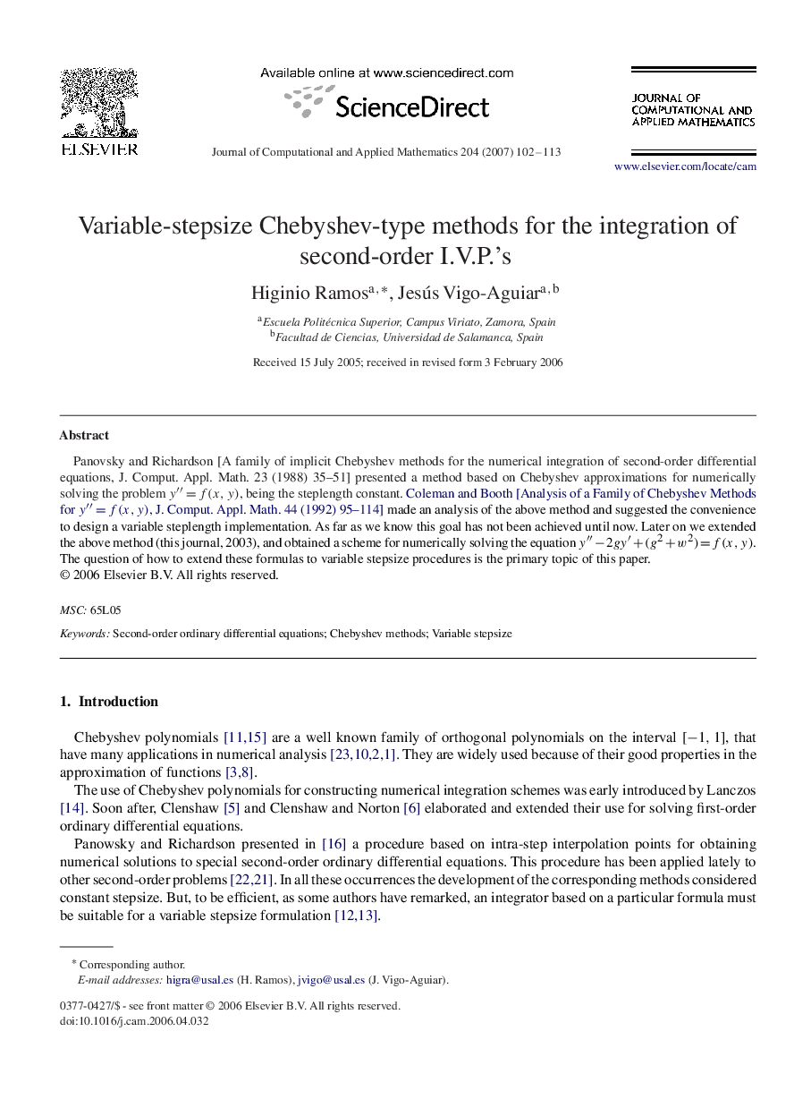 Variable-stepsize Chebyshev-type methods for the integration of second-order I.V.P.'s