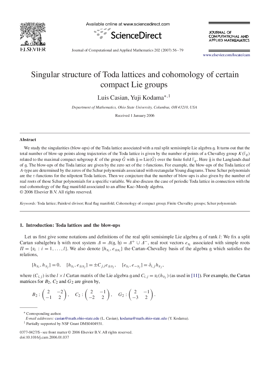 Singular structure of Toda lattices and cohomology of certain compact Lie groups