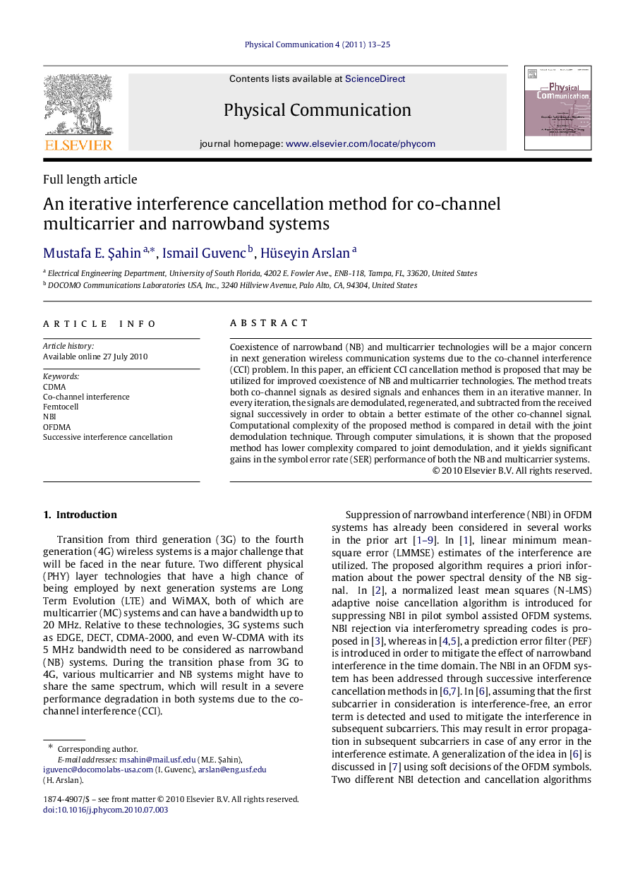 An iterative interference cancellation method for co-channel multicarrier and narrowband systems