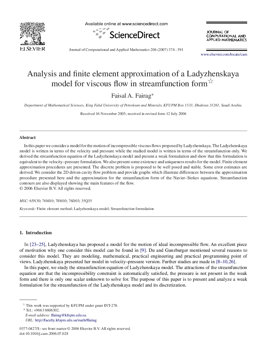 Analysis and finite element approximation of a Ladyzhenskaya model for viscous flow in streamfunction form 