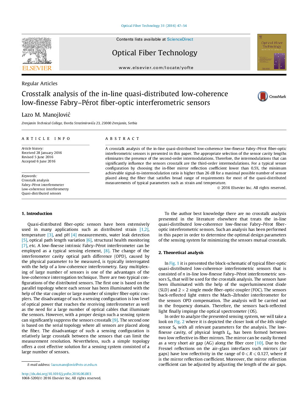 Crosstalk analysis of the in-line quasi-distributed low-coherence low-finesse Fabry–Pérot fiber-optic interferometric sensors