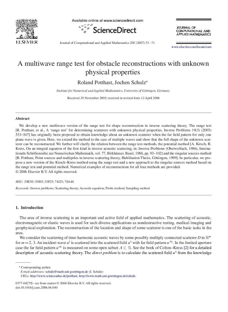 A multiwave range test for obstacle reconstructions with unknown physical properties