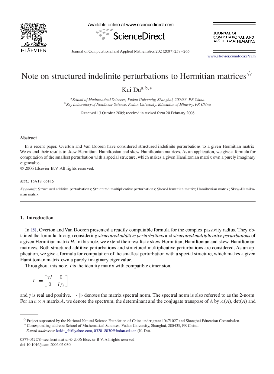 Note on structured indefinite perturbations to Hermitian matrices 