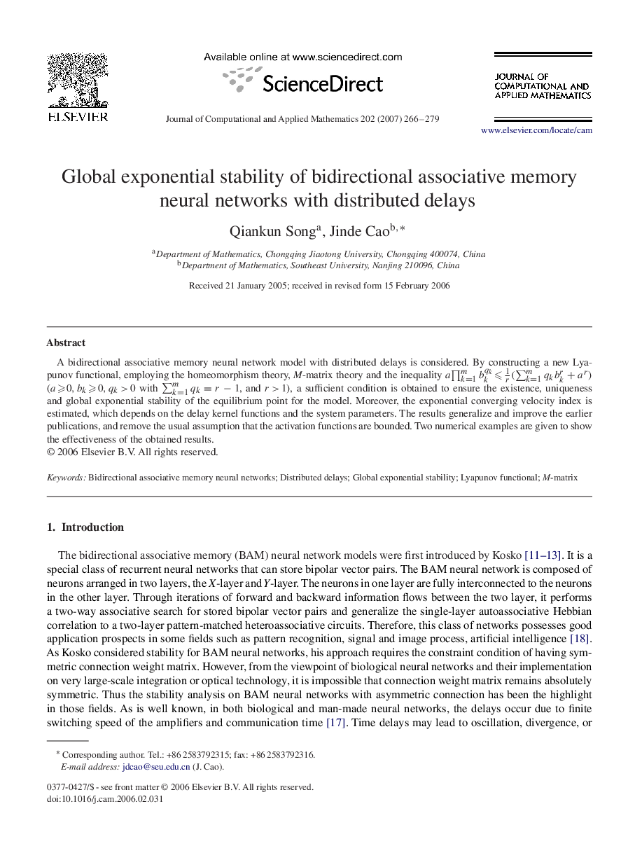 Global exponential stability of bidirectional associative memory neural networks with distributed delays