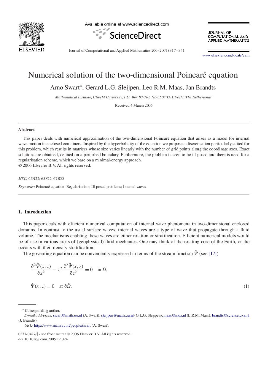 Numerical solution of the two-dimensional Poincaré equation