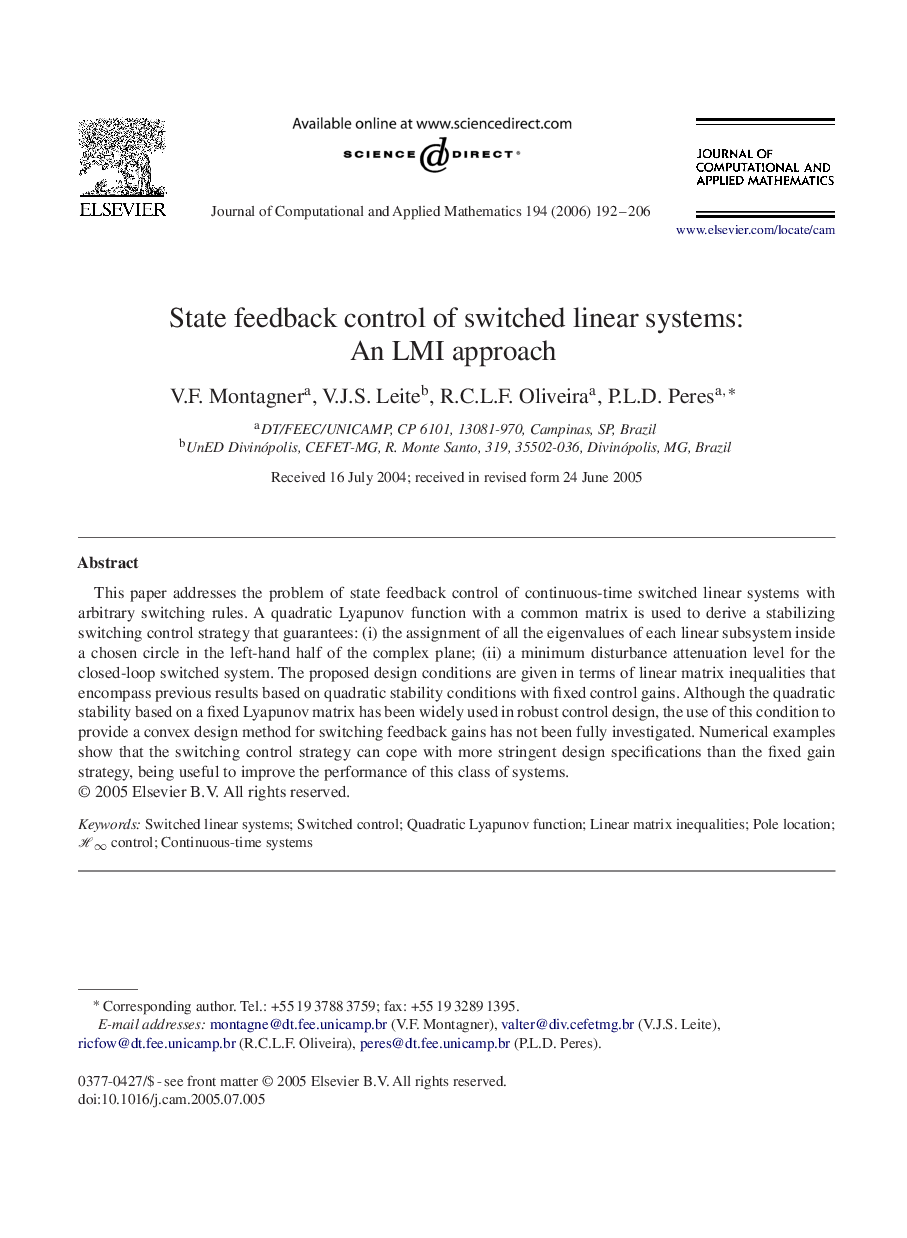 State feedback control of switched linear systems: An LMI approach