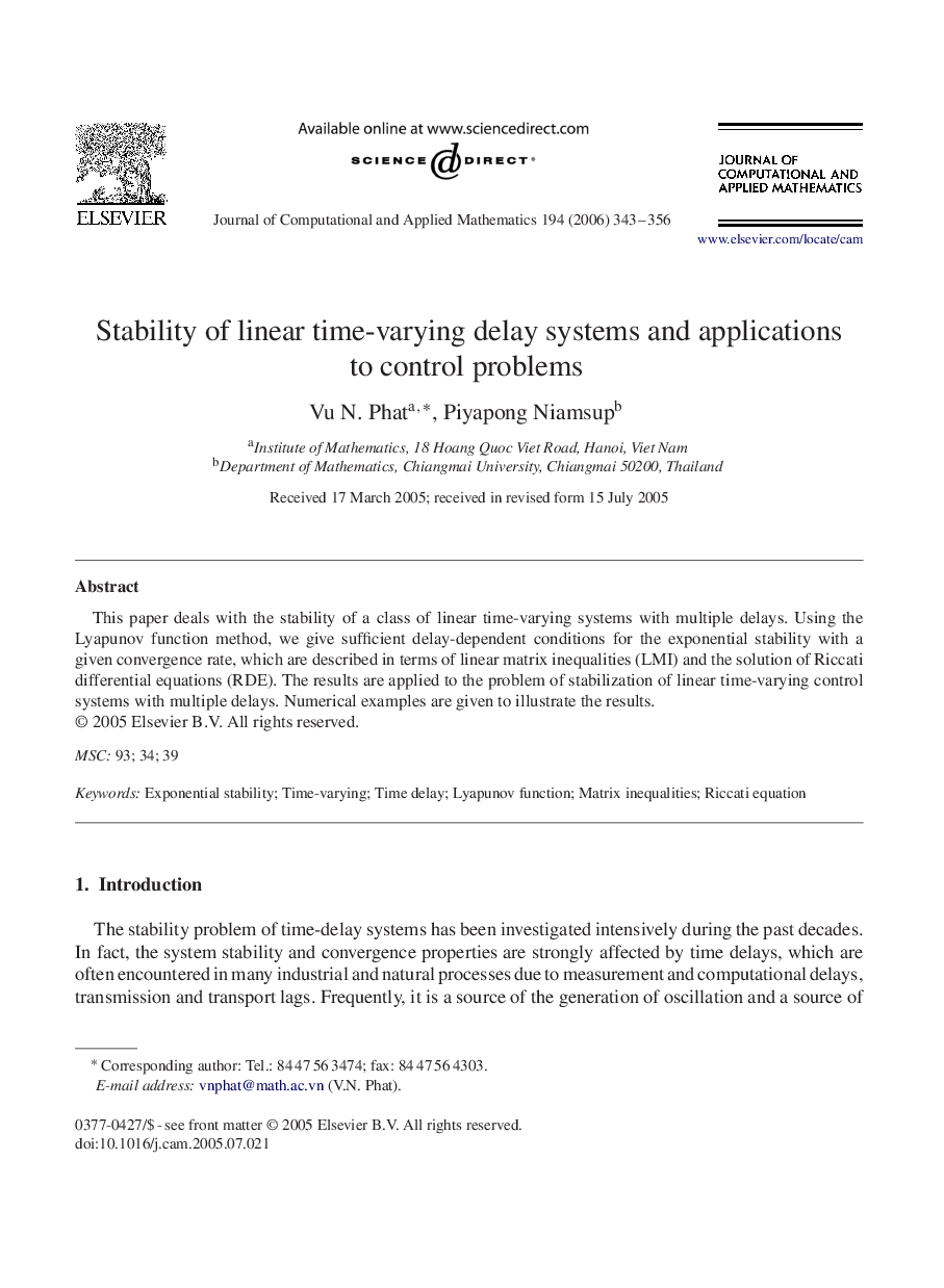 Stability of linear time-varying delay systems and applications to control problems