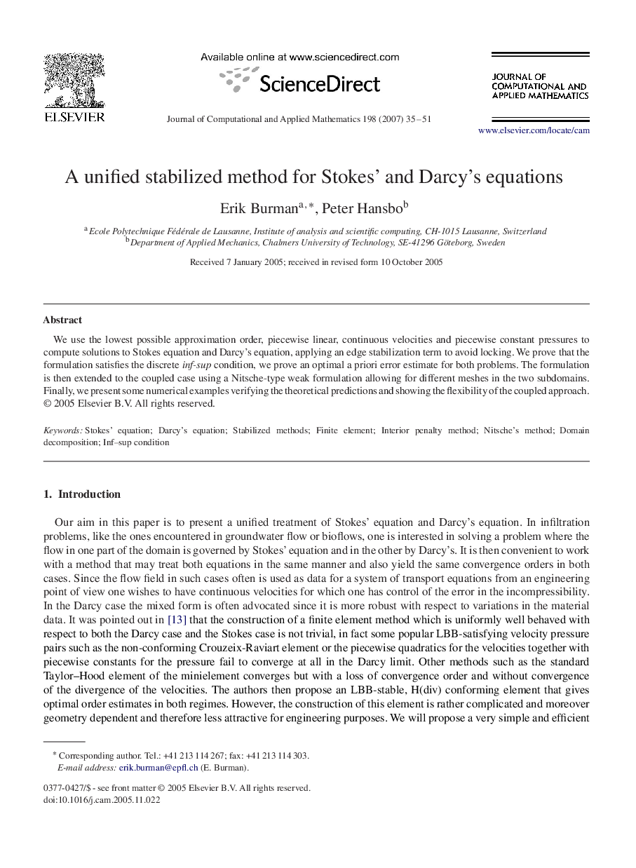 A unified stabilized method for Stokes’ and Darcy's equations