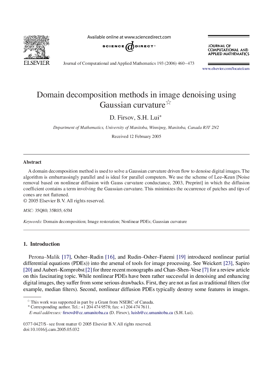 Domain decomposition methods in image denoising using Gaussian curvature 