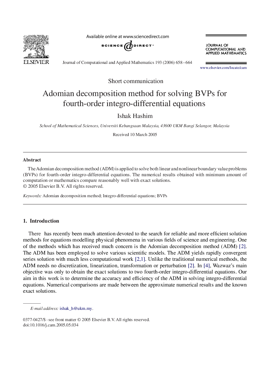 Adomian decomposition method for solving BVPs for fourth-order integro-differential equations