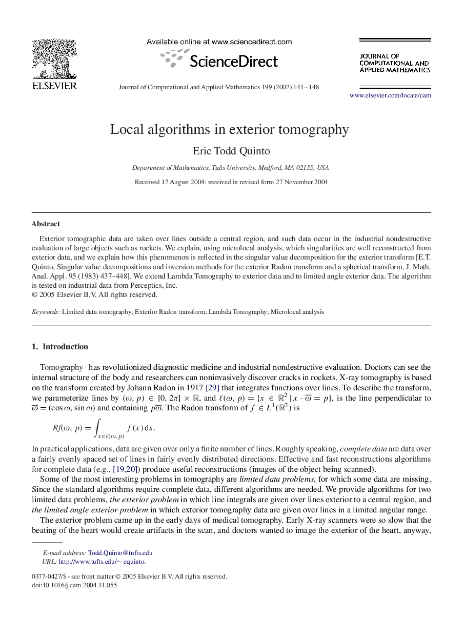 Local algorithms in exterior tomography