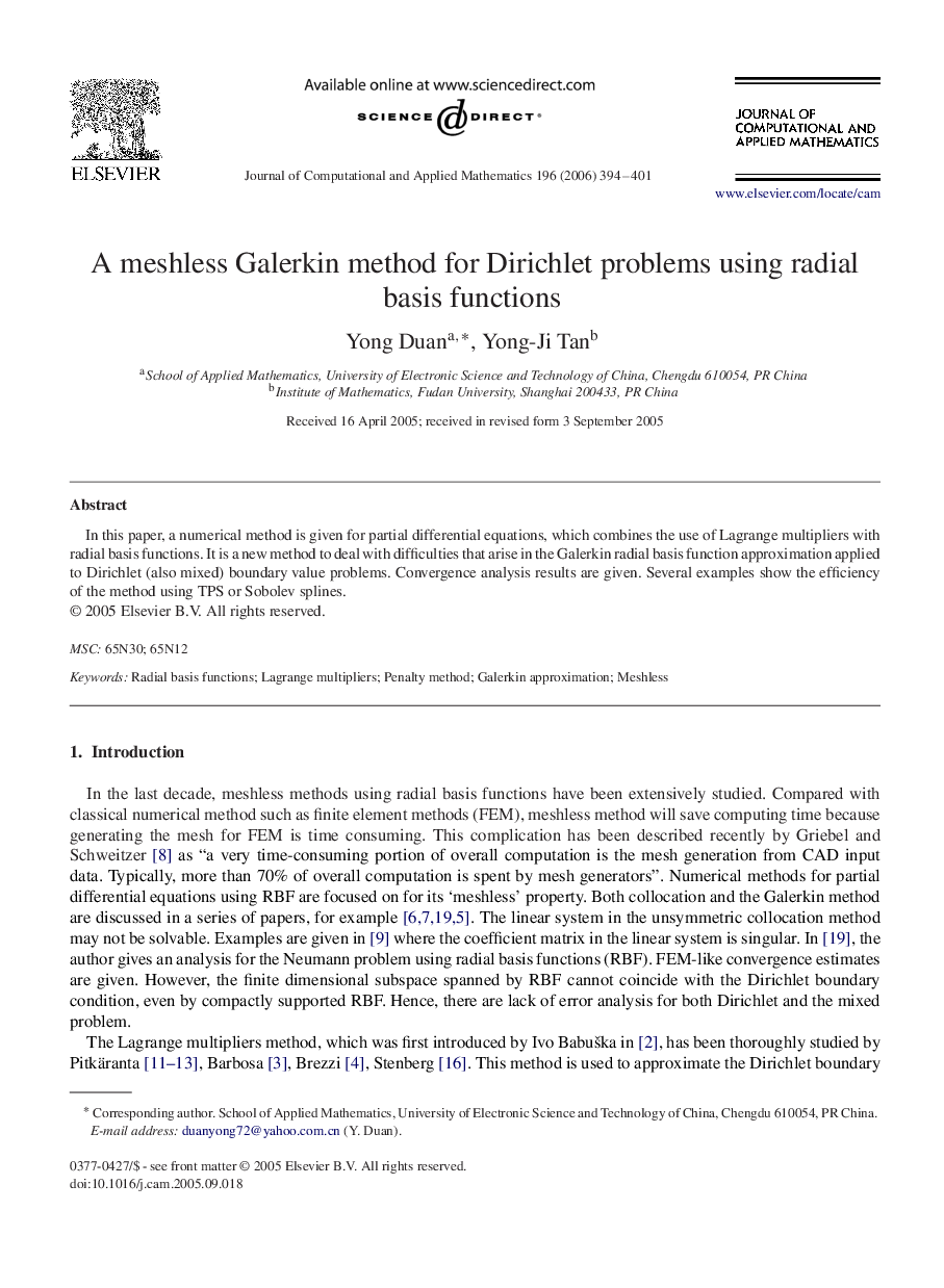 A meshless Galerkin method for Dirichlet problems using radial basis functions