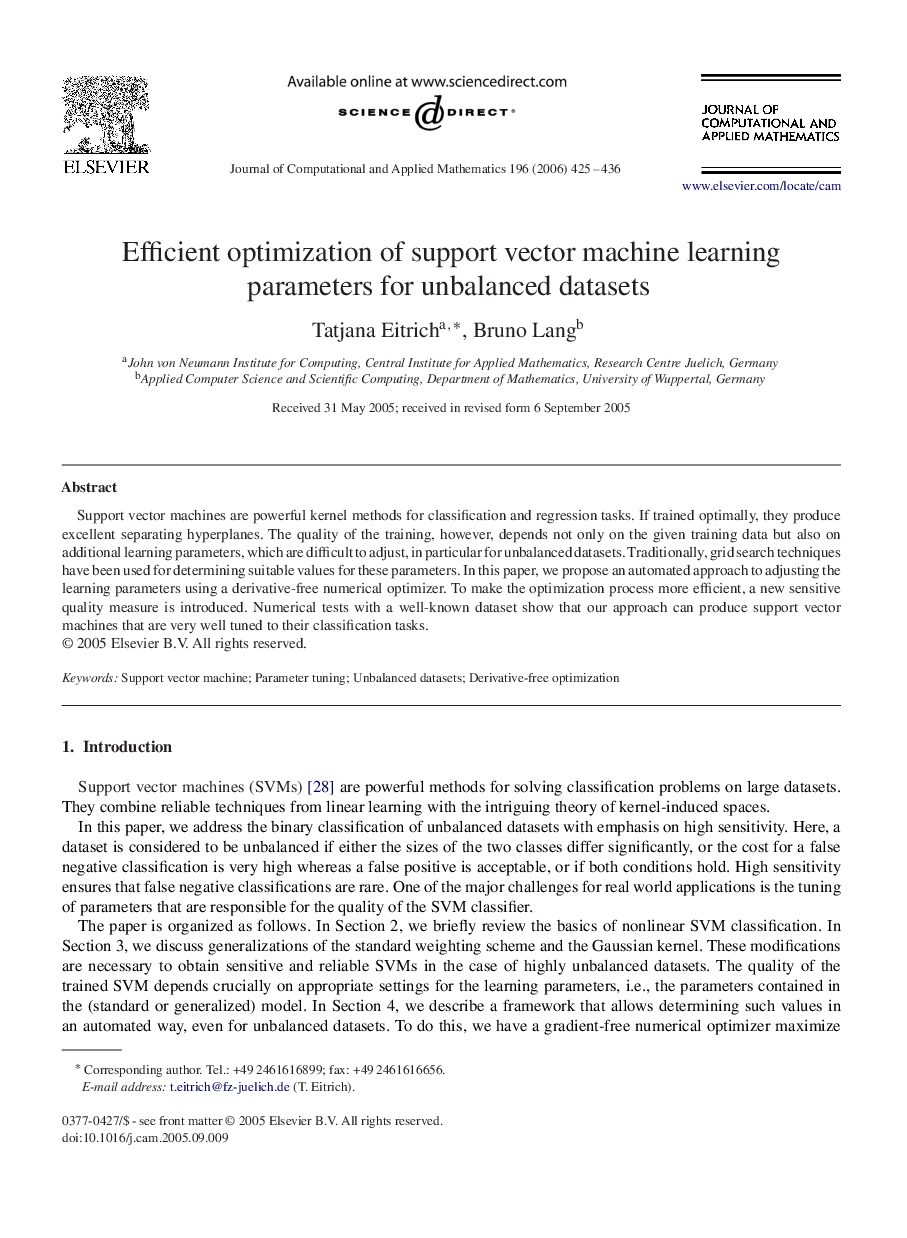 Efficient optimization of support vector machine learning parameters for unbalanced datasets