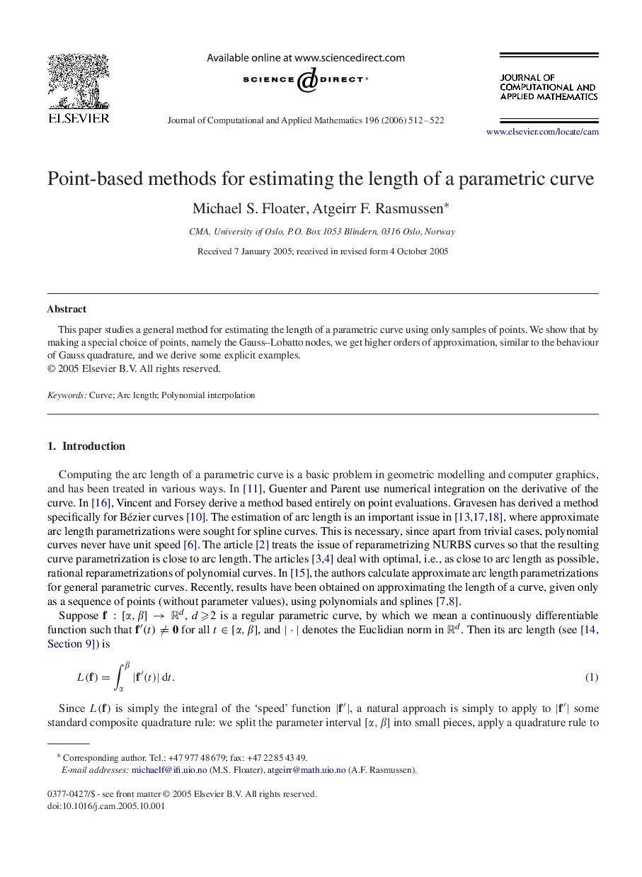 Point-based methods for estimating the length of a parametric curve