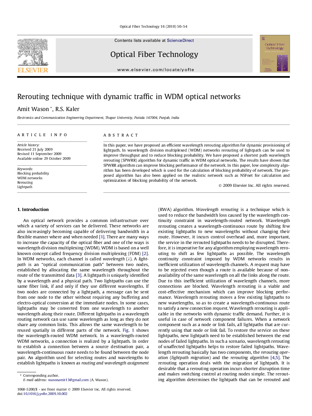 Rerouting technique with dynamic traffic in WDM optical networks