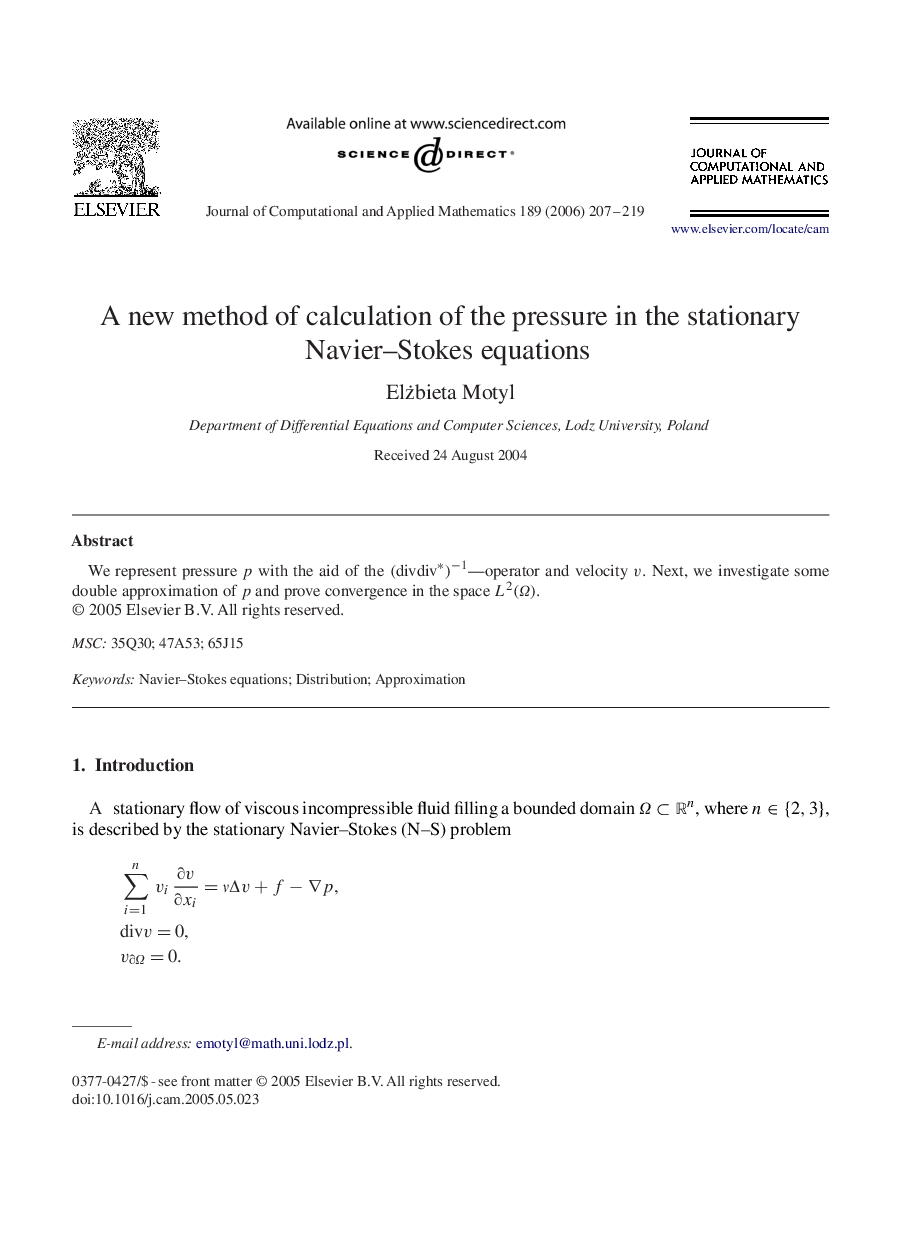 A new method of calculation of the pressure in the stationary Navier–Stokes equations