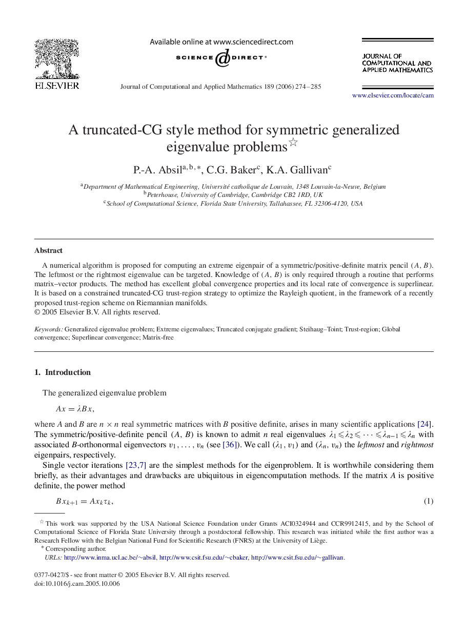 A truncated-CG style method for symmetric generalized eigenvalue problems 