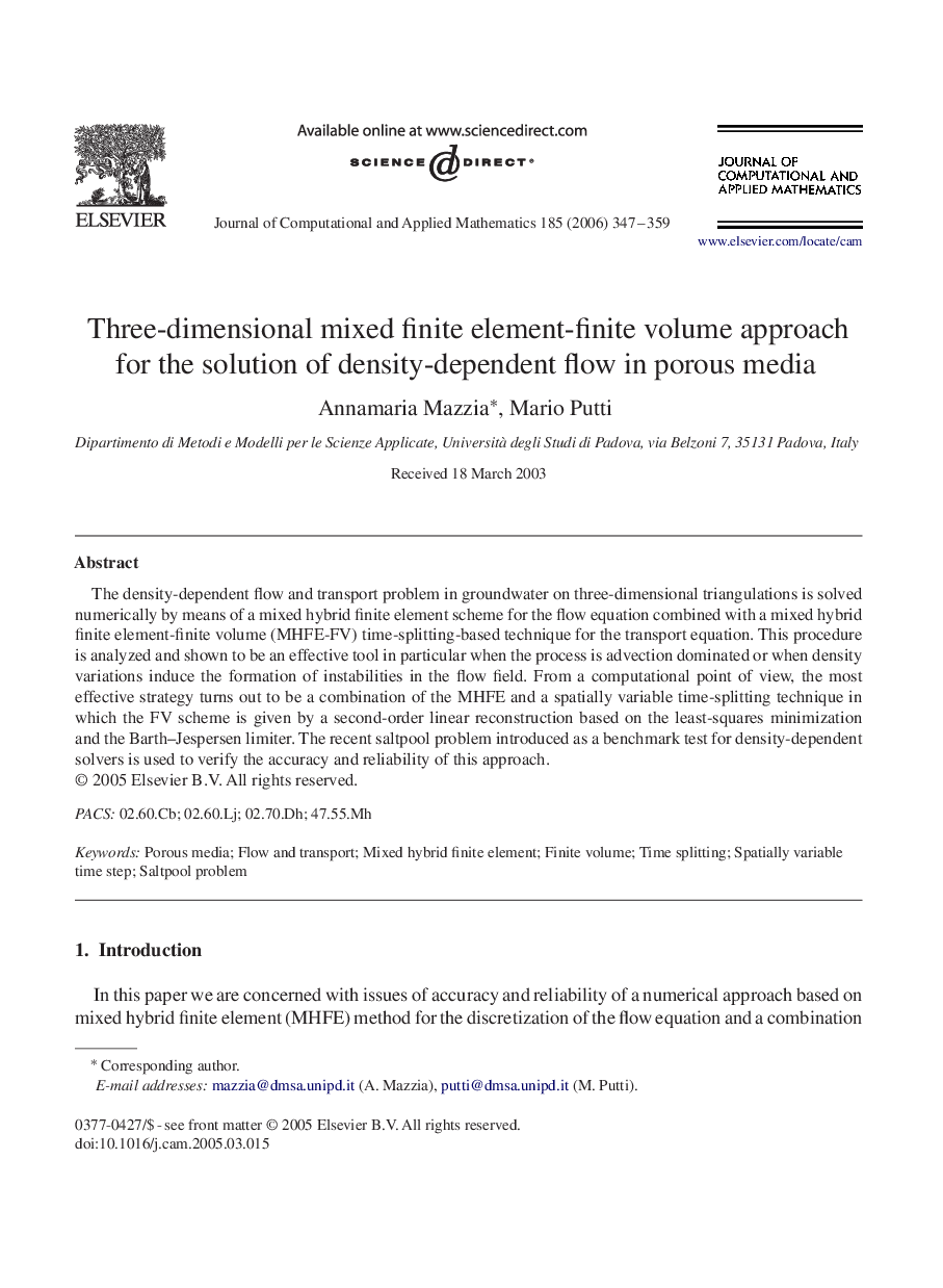 Three-dimensional mixed finite element-finite volume approach for the solution of density-dependent flow in porous media