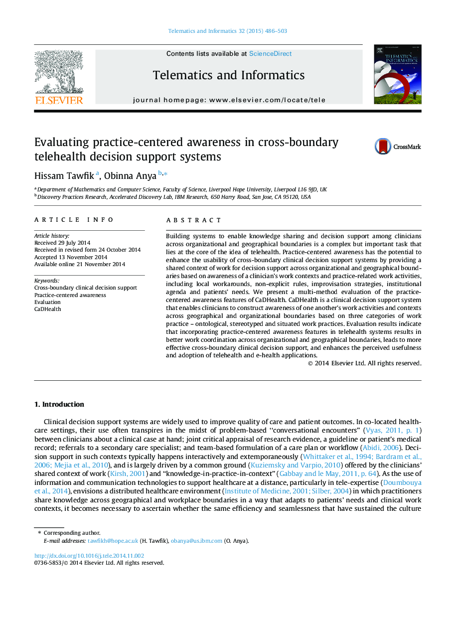 Evaluating practice-centered awareness in cross-boundary telehealth decision support systems