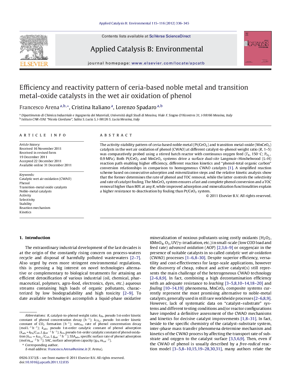 Efficiency and reactivity pattern of ceria-based noble metal and transition metal-oxide catalysts in the wet air oxidation of phenol