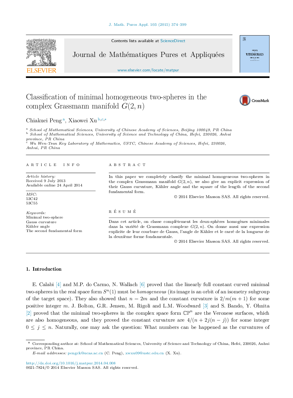 Classification of minimal homogeneous two-spheres in the complex Grassmann manifold G(2,n)G(2,n)