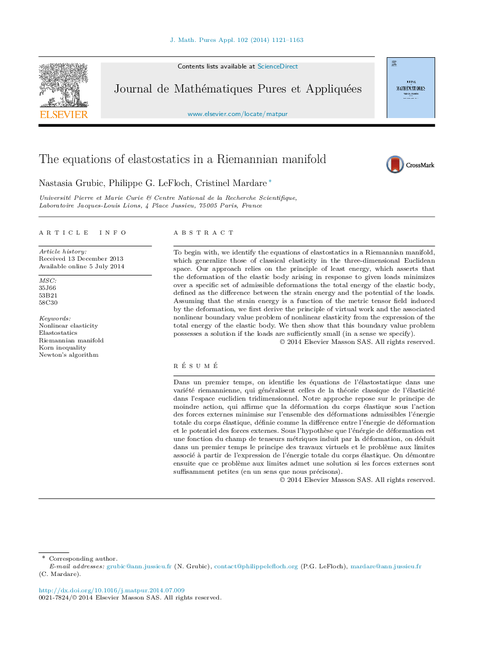 The equations of elastostatics in a Riemannian manifold