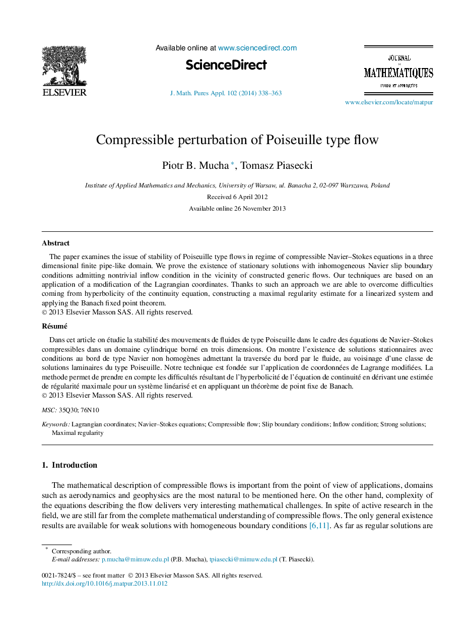 Compressible perturbation of Poiseuille type flow