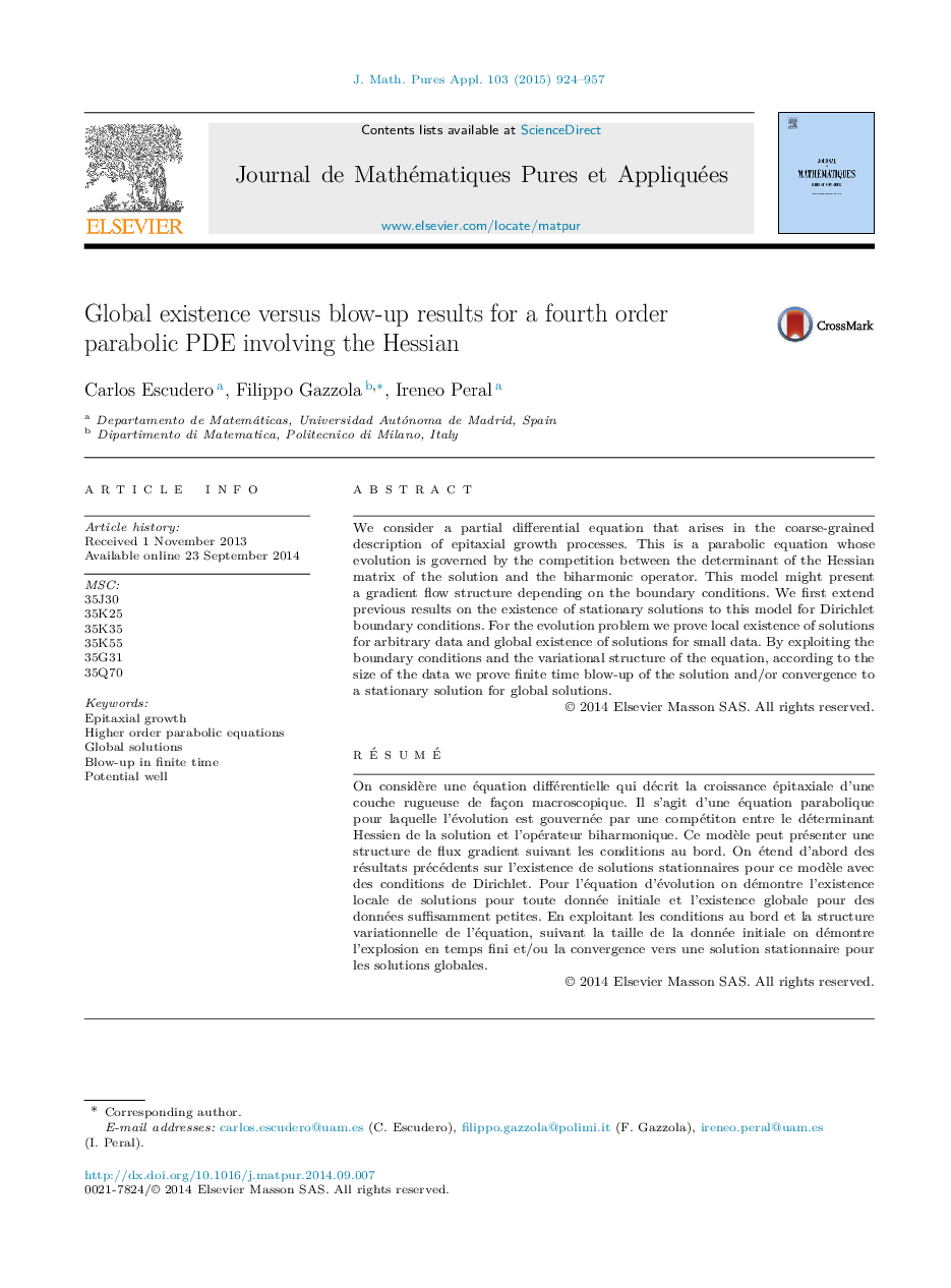 Global existence versus blow-up results for a fourth order parabolic PDE involving the Hessian