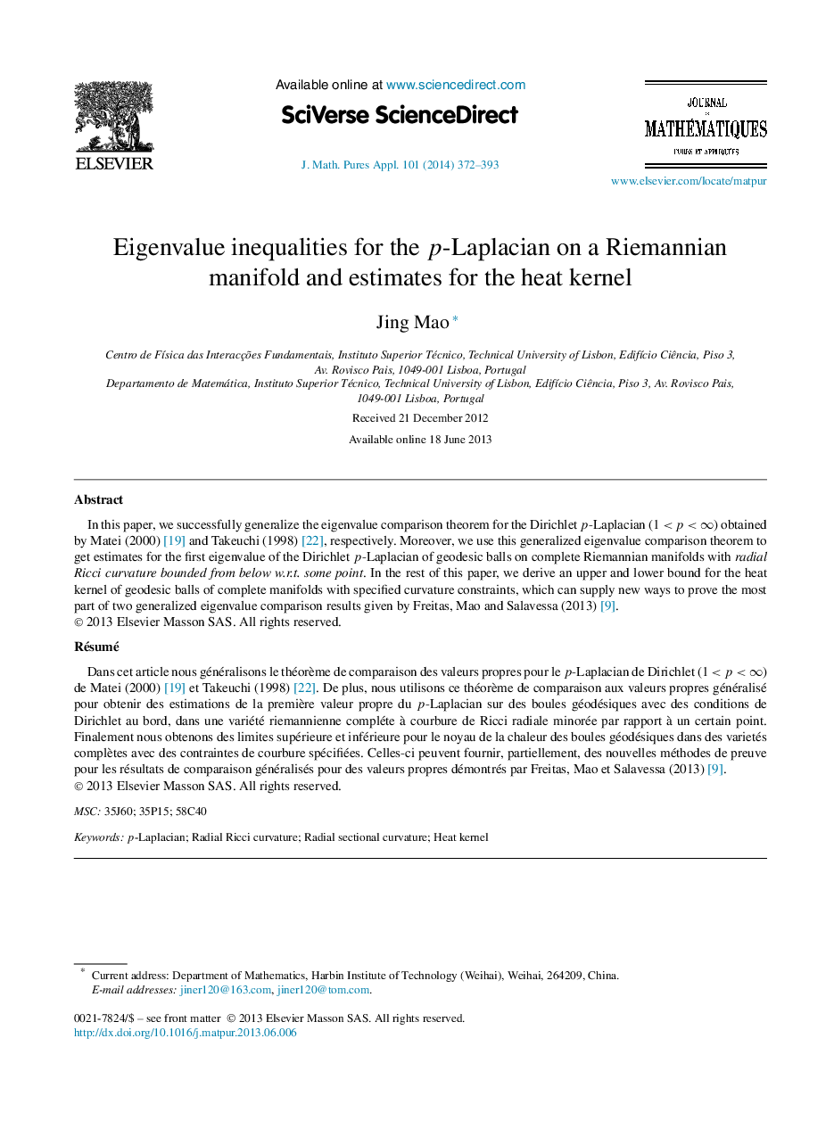 Eigenvalue inequalities for the p-Laplacian on a Riemannian manifold and estimates for the heat kernel