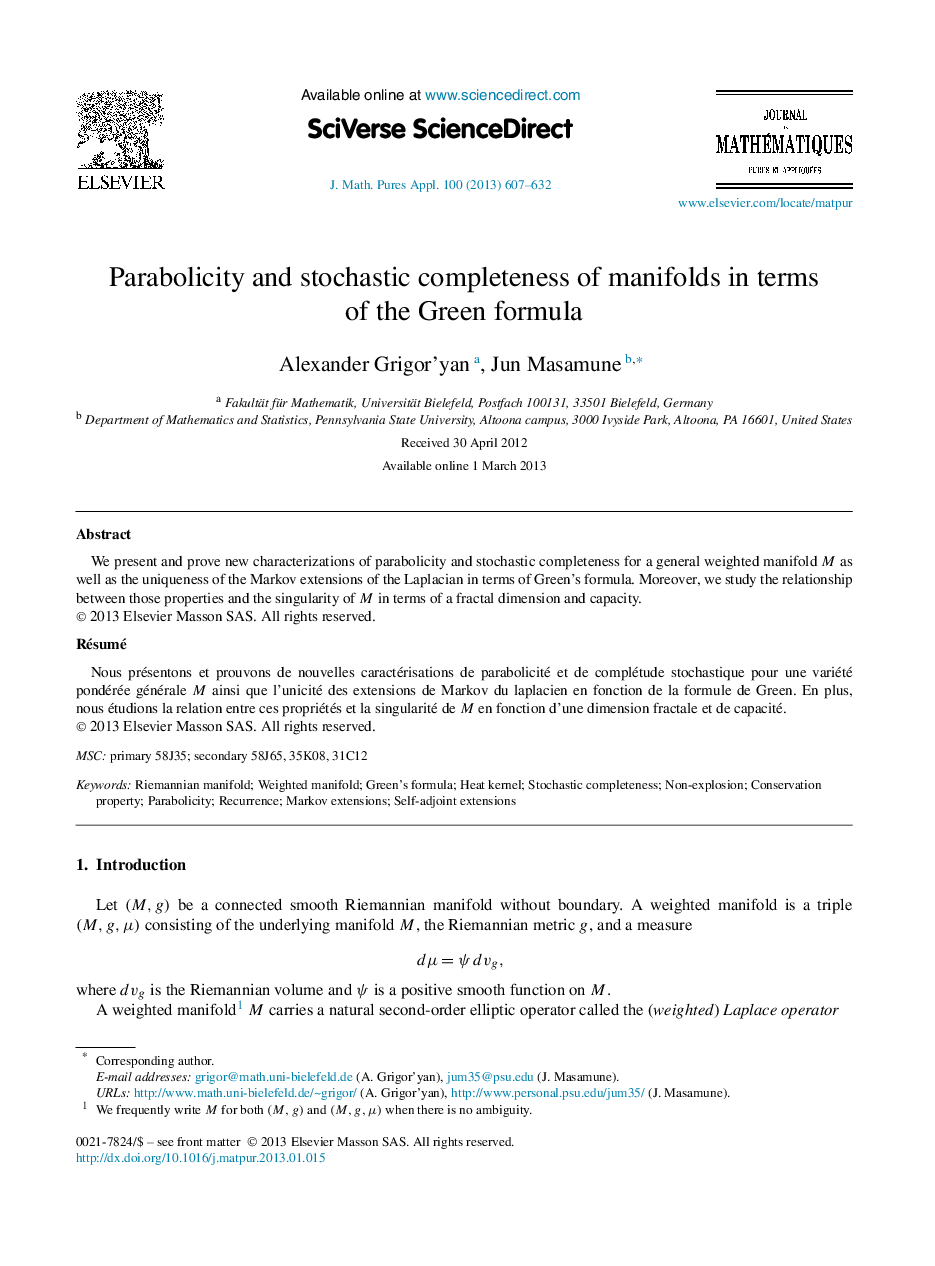 Parabolicity and stochastic completeness of manifolds in terms of the Green formula