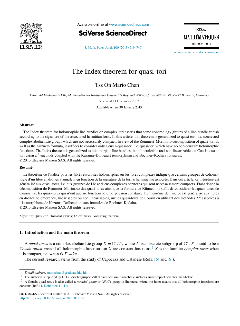 The Index theorem for quasi-tori