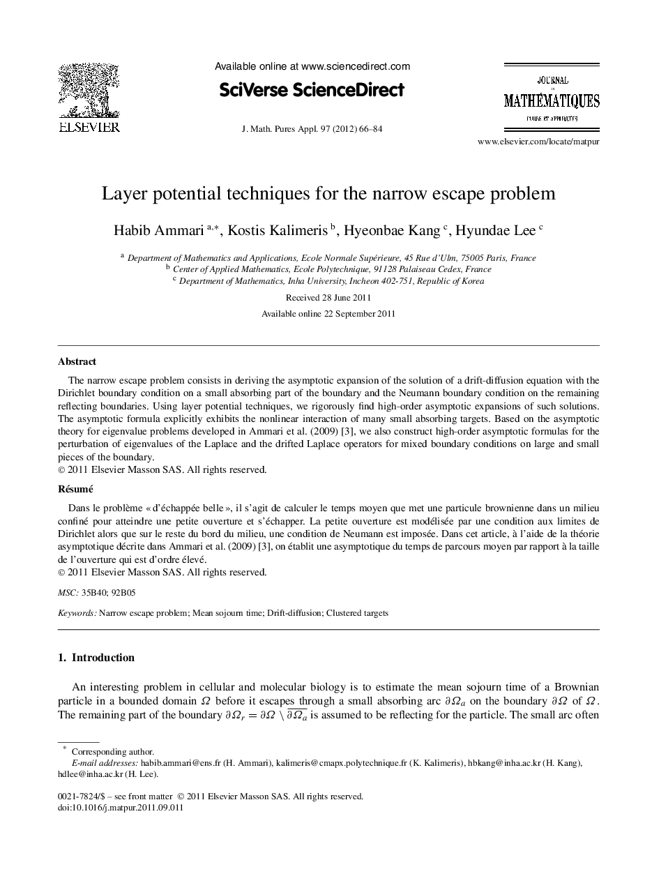 Layer potential techniques for the narrow escape problem