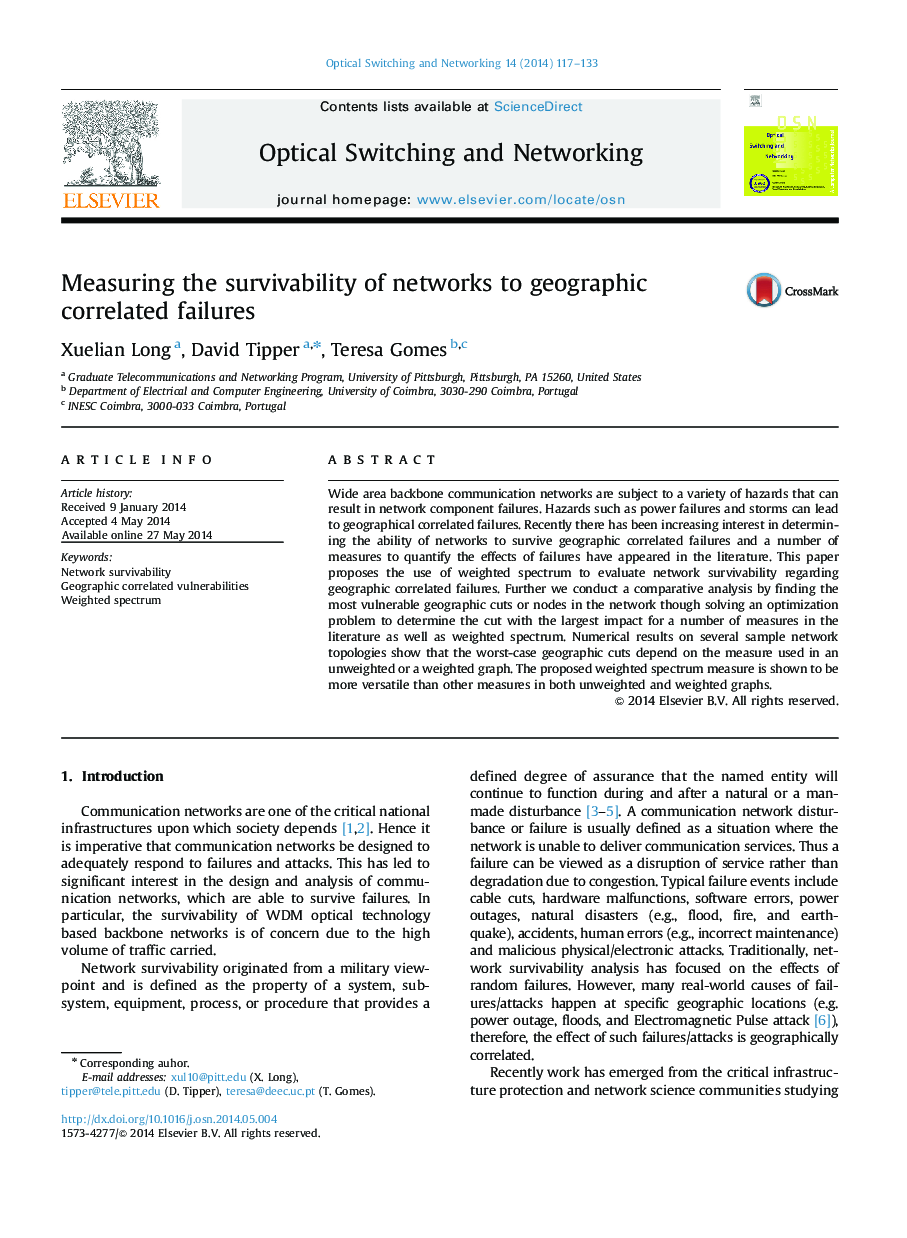 Measuring the survivability of networks to geographic correlated failures