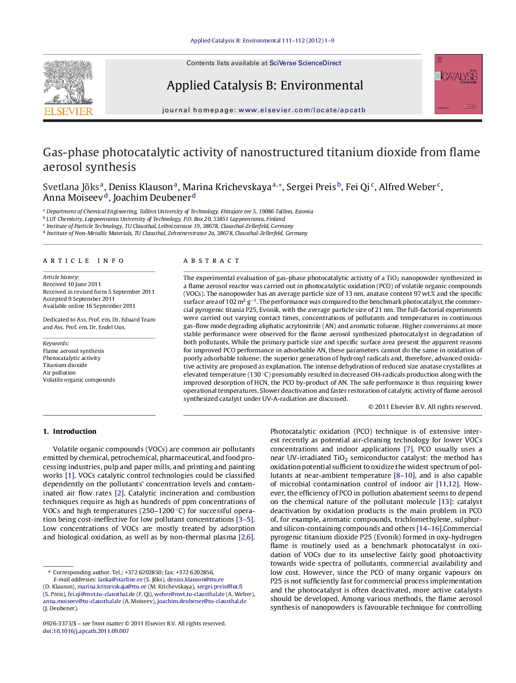 عکس صفحه اول مقاله: Gas-phase photocatalytic activity of nanostructured titanium dioxide from flame aerosol synthesis Gas-phase photocatalytic activity of nanostructured titanium dioxide from flame aerosol synthesis