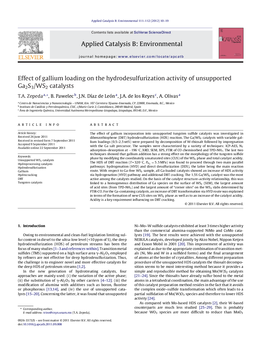 Effect of gallium loading on the hydrodesulfurization activity of unsupported Ga2S3/WS2 catalysts