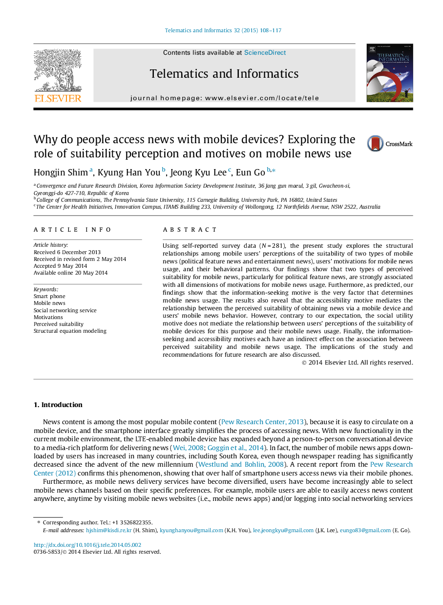 Why do people access news with mobile devices? Exploring the role of suitability perception and motives on mobile news use