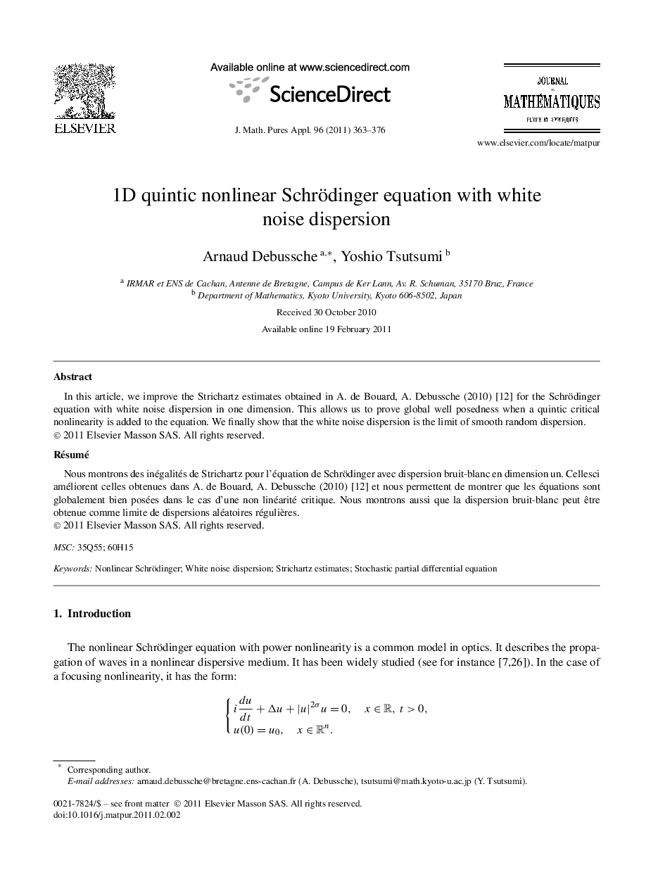 عکس صفحه اول مقاله: 1D quintic nonlinear Schrödinger equation with white noise dispersion 1D quintic nonlinear Schrödinger equation with white noise dispersion
