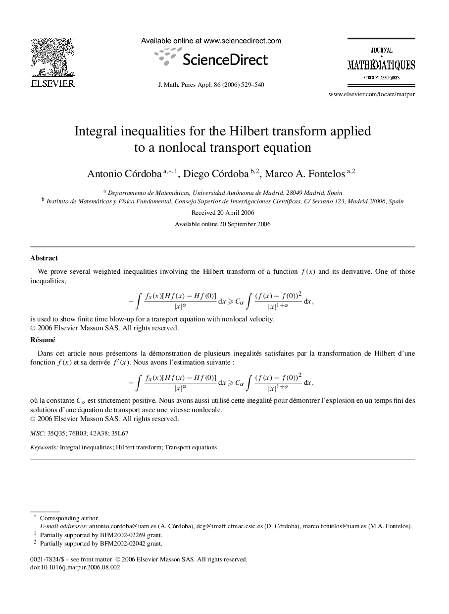 Integral inequalities for the Hilbert transform applied to a nonlocal transport equation