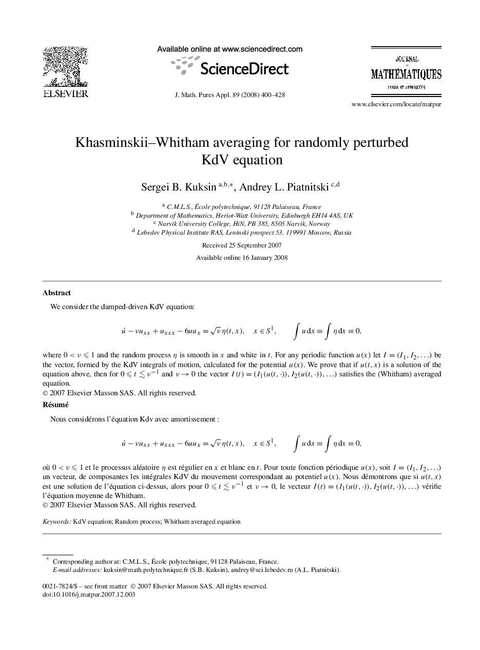 Khasminskii-Whitham averaging for randomly perturbed KdV equation