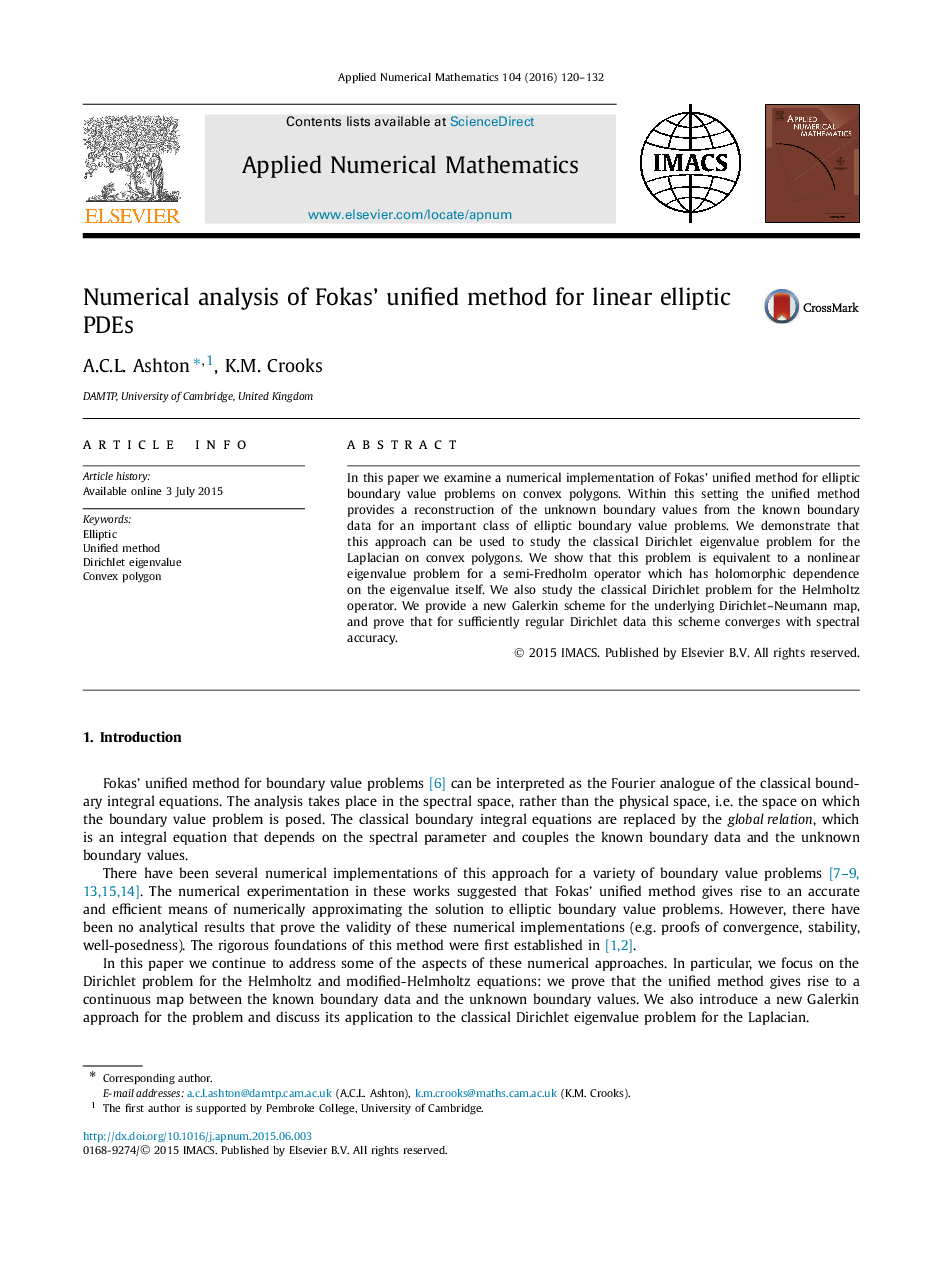 Numerical analysis of Fokas' unified method for linear elliptic PDEs