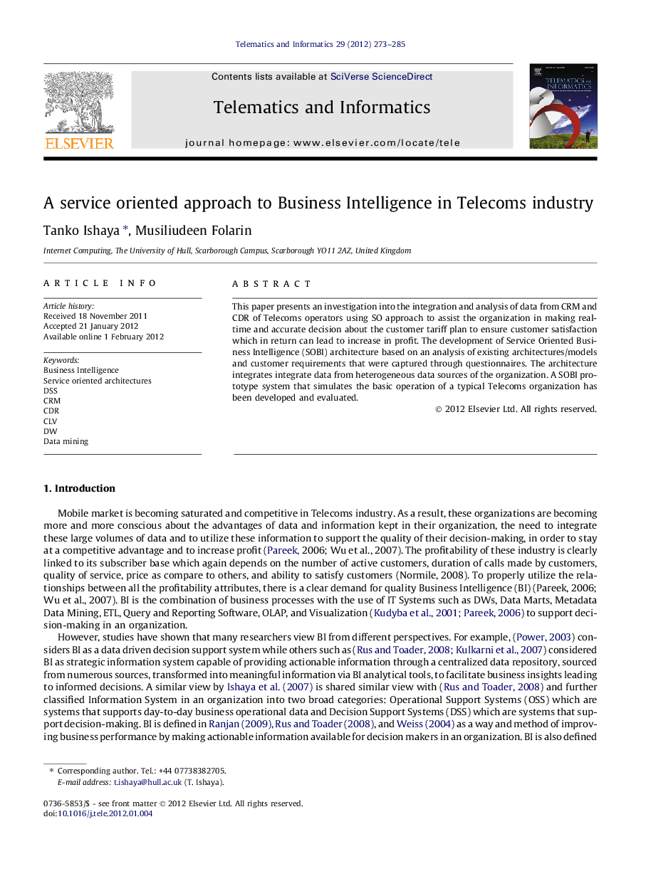 A service oriented approach to Business Intelligence in Telecoms industry