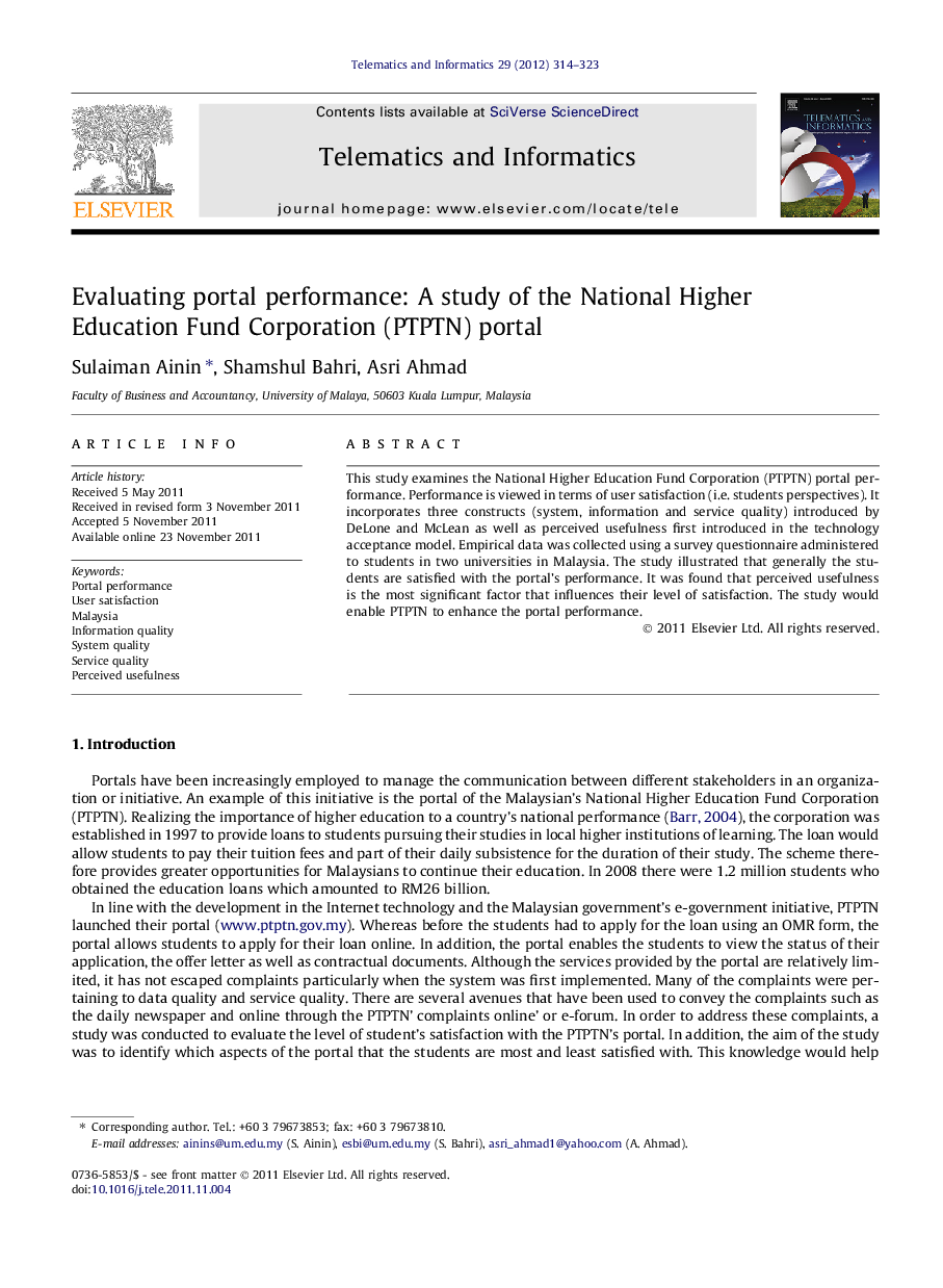 Evaluating portal performance: A study of the National Higher Education Fund Corporation (PTPTN) portal