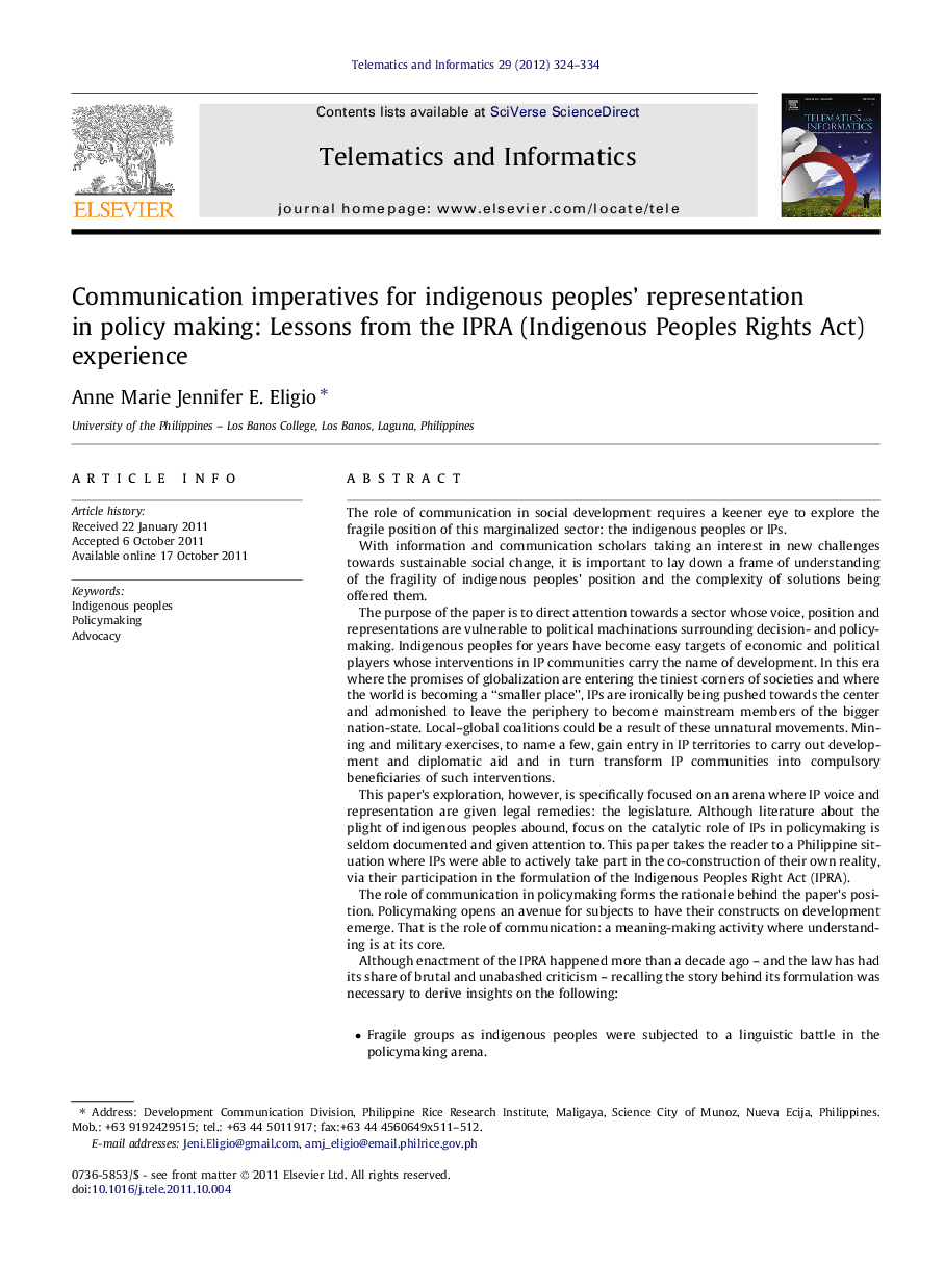 Communication imperatives for indigenous peoples’ representation in policy making: Lessons from the IPRA (Indigenous Peoples Rights Act) experience