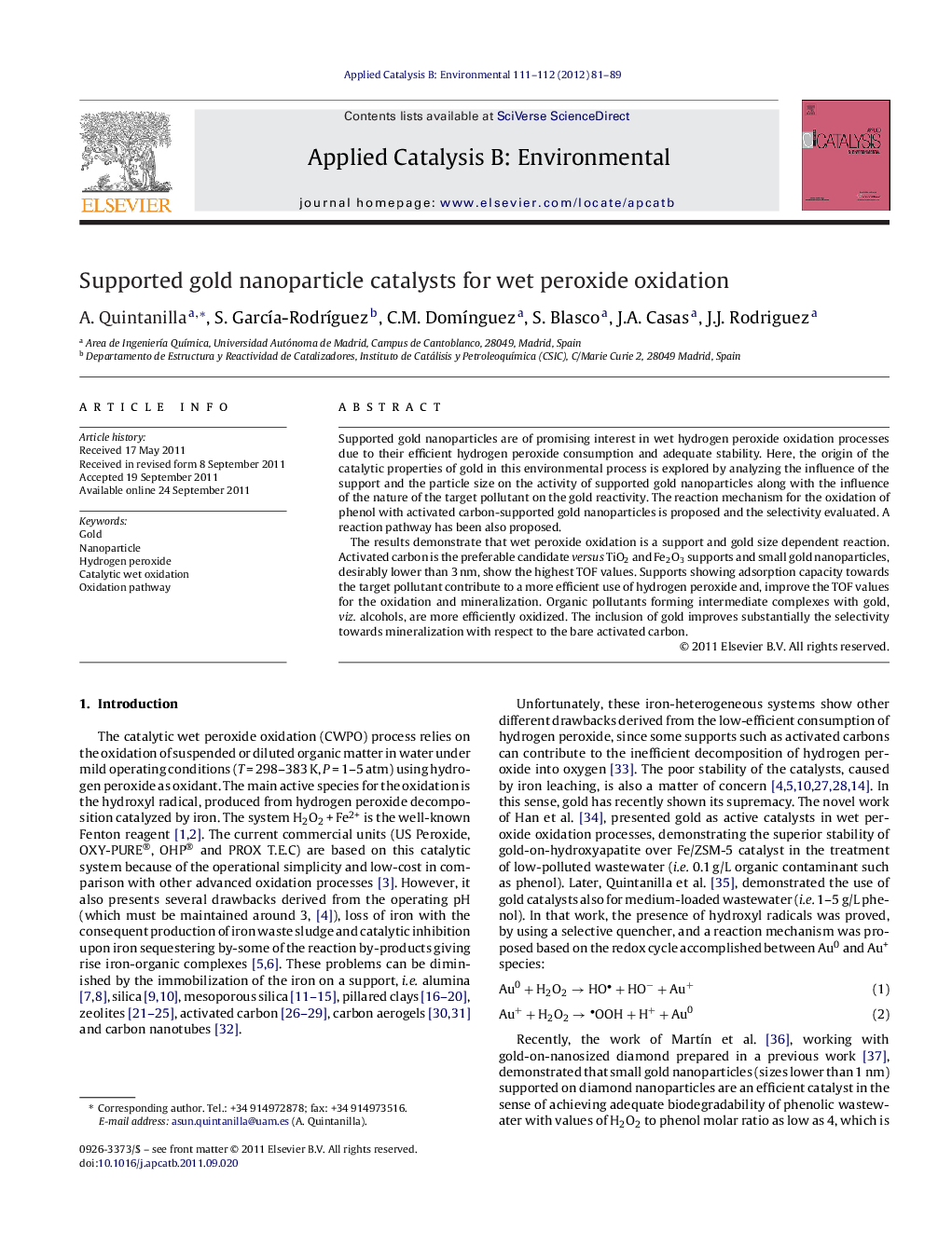 Supported gold nanoparticle catalysts for wet peroxide oxidation