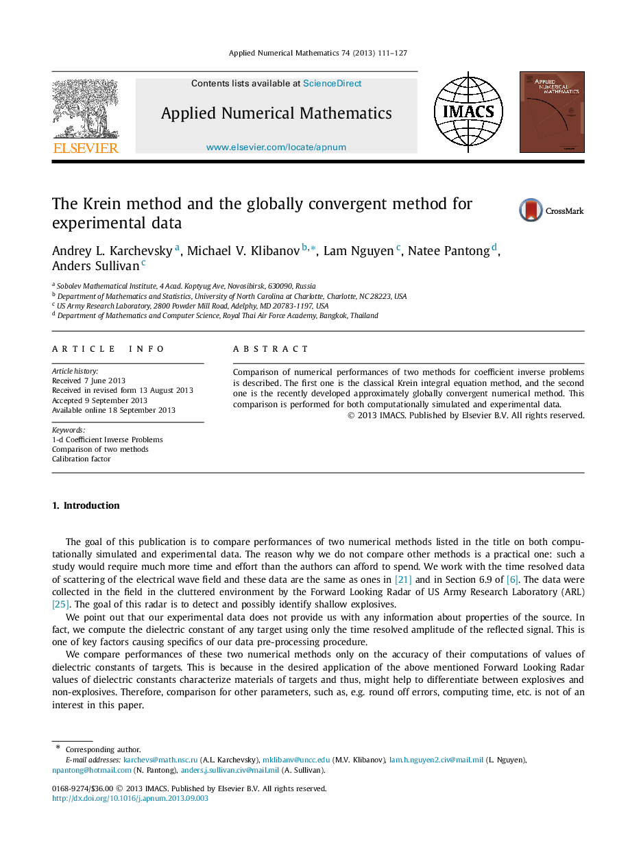 The Krein method and the globally convergent method for experimental data